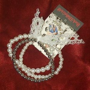 3 Piece Faux Pearl Bracelet Silver White Lace Tie